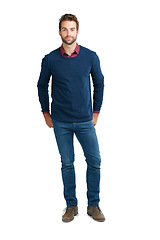 Image showing Man, casual fashion and portrait of a model standing with cool look and smile. White background, isolated and person in a studio with mock up space alone looking positive and relax with style