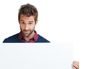 Image showing Portrait, marketing or business man with mockup space board for product, advertising or branding poster in studio. Model, smile or businessman with banner, billboard news or logo in white background