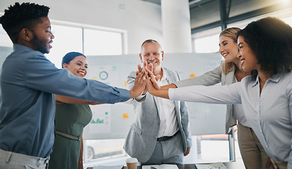 Image showing High five, diversity team celebration and business people celebrate financial profit success. Team building meeting, infographics or worker collaboration workforce happy with target goals achievement