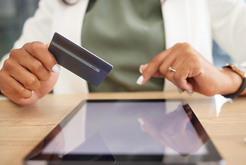 Image showing Credit card in hands, tablet and mockup for ecommerce marketing, online shopping and banking online. Black woman customer with retail, internet and digital payment with branding and advertising.