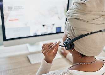 Image showing Black woman, call center and computer with CRM and contact us, phone call with customer service or telemarketing. Tech support, technology and office with communication and contact center employee.