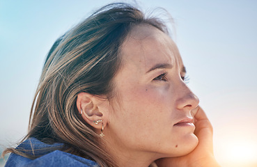 Image showing Thinking woman, stress face or depression in nature environment or climate change vision, ideas or innovation. Zoom, mental health or anxiety mind burnout for person by beach in global warming crisis