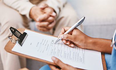 Image showing Nurse, clipboard and pen for checklist with patient, healthcare service and medical information. Closeup doctor hands writing documents, research and questions for report, planning and wellness admin