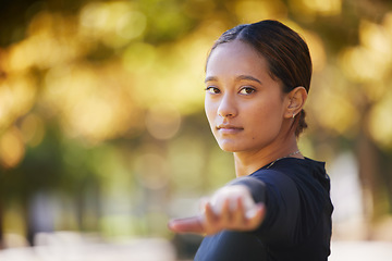 Image showing Yoga, fitness and woman portrait in nature for peace, workout freedom and exercise in New Zealand. Pilates, stretching and girl in a park for morning health, energy and balance with warrior pose