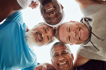 Image showing Motivation, senior or friends with fitness goals, support or hope in huddle bonding in training, exercise or workout. Low angle, partnership or healthy group of elderly or happy sports men portrait