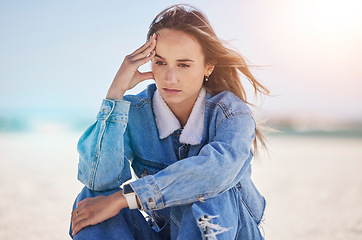 Image showing Thinking woman, stress or depression by beach, ocean environment or sea nature and climate change ideas, vision or innovation. Mental health, anxiety or mind burnout for person in global warming help