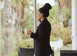 Image showing Coffee, phone call or business black woman in b2b networking in office sofa for sales deal or marketing. Corporate, focus or employee for communication mobile tech in planning, innovation or strategy