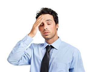 Image showing Tired businessman, stress and hand on head on studio background in fatigue, sweating and mental health burnout. Exhausted corporate worker, employee and anxiety on white backdrop and finance mistake
