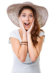 Image showing Woman, surprise and studio portrait with hat for summer, fashion and excited for holiday with beauty. Model, sunhat and wow face with hands, happy and clothes for style, design and white background