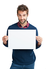 Image showing Branding, sign and portrait of a businessman with paper isolated on a white background. Marketing, work and young employee with a mockup space poster advertising a brand on a studio background