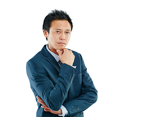 Image showing Executive, corporate and portrait of a businessman with arms crossed isolated on a white background in studio. Vision, ceo and Asian worker in a suit for professional work on a studio background