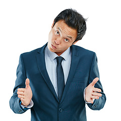 Image showing Confused, joke and portrait of businessman in studio with comic and meme face expression. Young, suit and Asian male model with corporate outfit and dont know gesture isolated by a white background.