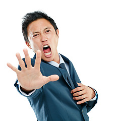 Image showing Businessman, angry and stop hand portrait with shouting, frustrated and unhappy face for stress. Asian corporate ceo screaming in distress on isolated studio white background with formal suit.