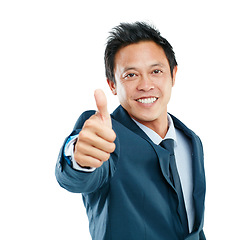 Image showing Portrait, thumbs up and business man in studio on a white background mock up. Face, support and happy male employee with hand gesture for like emoji, approval or thank you, yes and success motivation