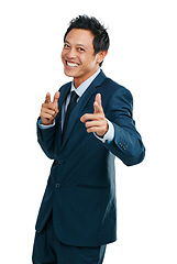 Image showing Motivation, happy and portrait of a businessman with finger guns isolated on a white background in studio. Success, corporate and Asian worker with hand gesture for greeting on a studio background