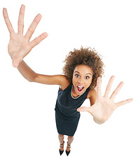 Image showing Wow, happy and portrait of a black woman with hands isolated on a white background in studio. Shocked, surprise and above of an African business woman with a hand gesture on a studio background