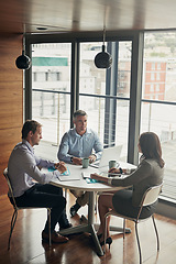 Image showing Meeting, discussion and business people planning finance strategy, idea and partnership on a laptop. Teamwork, plan and corporate employees talking about financial agency innovation with notes