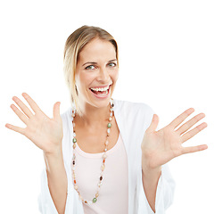 Image showing Surprise, hands wave and portrait of a mature woman with happiness and a smile showing palms. White background, happy and isolated model excited with hand waves in a studio with mock up and smiling