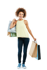 Image showing Black woman, happy portrait and shopping bag for retail market, promotion or isolated in white background. African girl, customer smile and boutique purchase, clothes package and happiness in studio