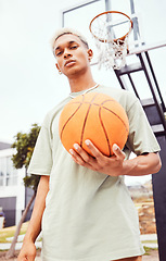 Image showing Sports, basketball court and a portrait of man with ball outside at park. Exercise, motivation and workout for fitness, wellness and health. Street game, outdoor basketball training and serious face.