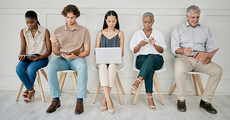 Image showing Hiring, human resources or people in a waiting room for a marketing job interview at a office building. Onboarding, men and business women with career goals wait as a group for company hr manager