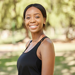 Image showing Park, fitness or portrait of a black woman in exercise workout or training in nature with goals. Wellness, face or healthy gen z girl with a calm, peaceful or happy smile in Nigeria with freedom