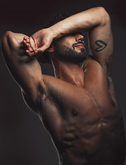 Image showing Man, body or muscle on black background in studio for fitness goals, workout or training motivation and physical wellness check. Bodybuilder, sports athlete or model flexing on aesthetic backdrop