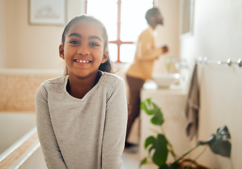 Image showing Family, wellness and portrait of girl in bathroom with dad for morning routine, hygiene and cleaning. Black family, smile and face of young child for grooming, healthy lifestyle and self care at home