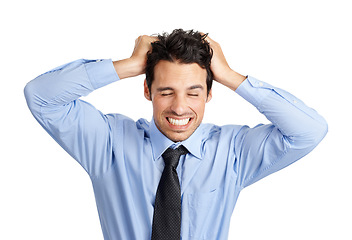 Image showing Frustrated businessman, stress and pulling hair on studio background in finance fraud, money laundering or mistake. Worker anxiety, crisis or nervous employee with mental health burnout or stock loss