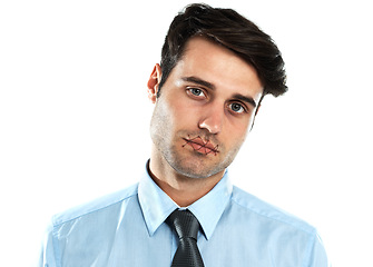 Image showing Portrait of man with stitched mouth, depression and mental health isolated on white background. Victim censorship, silence and abuse, sad censored businessman with lips sewn to shut up in studio.