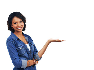 Image showing Mockup, happy or black woman in studio with marketing, product placement or branding space. White background, portrait or African girls hand advertising discount, sales or promotional deal offer