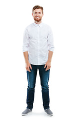 Image showing Fashion, natural and portrait of a man in a studio with a stylish, casual and luxury outfit. Happy, smile and young male model with style, cool and trendy clothes isolated by a white background.