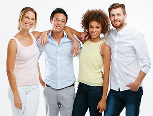 Image showing Diversity, people and portrait smile of friends standing together in friendship against white studio background. Isolated diverse group smiling in for unity, community or profile on white background