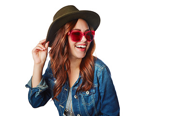 Image showing Woman, smile and hat with glasses in fashion with style for summer against a white studio background. Happy isolated female smiling in happiness for stylish sunglasses or clothing on white background