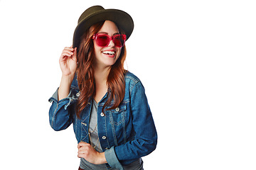 Image showing Happy, gen z and youth girl fashion with trendy style, sunglasses and excited smile for marketing. Happiness, cool and young fashionista model isolated on white background for advertising mockup.