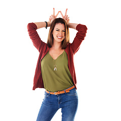 Image showing Woman, smile and hands in peace sign posing in casual fashion against a white studio background. Portrait of isolated happy female model standing and smiling in happiness with hand gesture on head