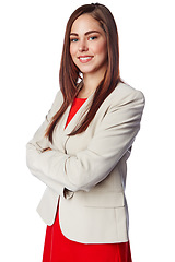 Image showing Management, leadership and portrait of business woman for marketing, innovation or vision. Professional, executive and future with isolated employee for mindset, career or goal in white background