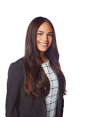 Image showing Business woman, smile and portrait of a corporate lawyer employee happy and ready to work. Isolated, white background and worker vision of a black woman with happiness from professional career