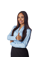 Image showing Thumbs up, business woman and portrait of a model with winner, thank you and success hand sign. White background, happy employee and isolated female entrepreneur worker smile with vertical mockup