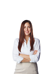 Image showing Portrait, corporate and woman arms crossed, smile and lady isolated on white studio background. Leader, female employee or entrepreneur with happiness, achievement or motivation in corporate and work