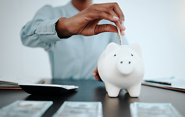 Image showing Savings money, piggybank and hands of woman, administration accountant or bank teller with cash dollar investment. Economy, financial budget accounting and African finance consultant with calculator