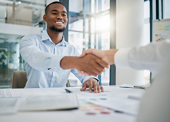 Image showing Hiring, designer or black man shaking hands with human resources manager for a successful job interview in office. Handshake, meeting or worker with a happy smile for a job promotion or business deal