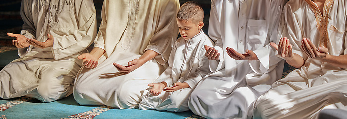 Image showing Muslim pray, child or men learning to worship Allah in holy temple or mosque with gratitude as a family. Islamic, education or people in praying with boy or kid for Gods teaching, spiritual peace