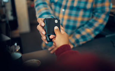 Image showing Credit card, pos payment and hands of man, store cashier or cafe waiter with easy point of sale machine. B2c shopping service, finance or customer with financial fintech purchase at retail restaurant