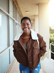 Image showing Black woman, student and portrait smile for university, education or vision for development at the campus. Happy African American woman smiling for college, scholarship or higher education outside