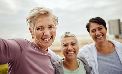 Image showing Selfie, senior women and happy exercise group excited for outdoor workout. Portrait of elderly female friends, sports and wellness for healthy retirement, fitness and happiness in diversity community