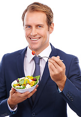 Image showing Business man, salad and happy portrait, eating lunch for healthy nutrition motivation or green food diet in white background. Corporate man, vegan meal and happiness eating snack isolated in studio