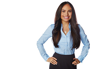 Image showing Portrait of a business woman in studio with mockup space for advertising, marketing or product placement. Happy, smile and model with corporate, classy and elegant outfit isolated by white background