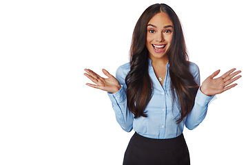 Image showing Happy, excited and business woman in a studio with a positive mindset, good news and surprise. Happiness, amazed and corporate female model with a surprised hand gesture isolated by white background.