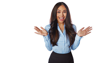 Image showing Business woman, surprise and happy for winning, deal or sale on mockup against a white studio background. Portrait of isolated excited employee female smiling in wow for promotion on white background